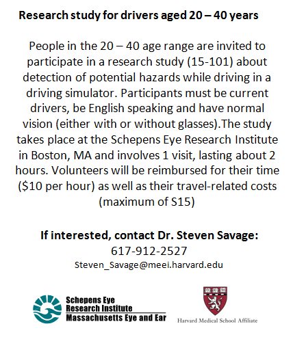 bowers_lab's tweet photo. Research study for drivers aged 20 – 40 years

If interested, contact Dr. Steven Savage:
617-912-2527
Steven_Savage@meei.harvard.edu https://t.co/J6HMp9SW6r