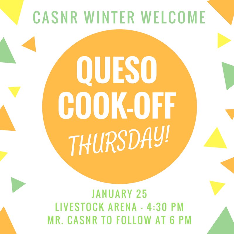 ActTtu's tweet photo. The annual CASNR Winter Welcome is this Thursday y’all! Come out at 4:30 to support your ACT Queso Cook-Off team and your Mr. CASNR contestant, Matthew Winterholler. This will be one event you definitely won’t want to miss! https://t.co/BUPG5NHZYE
