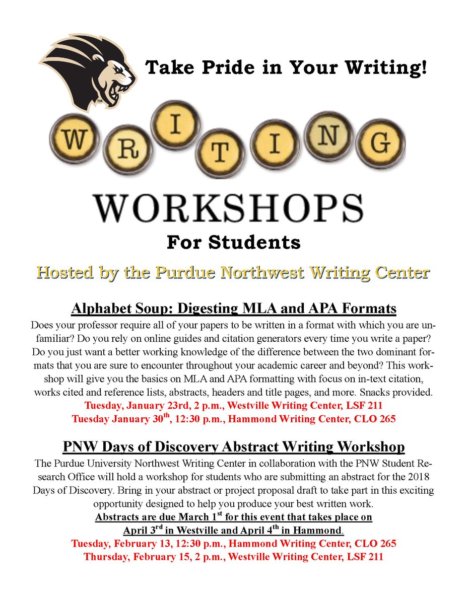 PNW_WritingCntr's tweet photo. The Writing Center is hosting two free writing workshops! If you struggle with APA/MLA or are preparing for PNW Days of Discovery, come on out to these events. Hope to see you there! #pnw_writes #ownyourpen #ownyourpaper #purduenorthwest https://t.co/BkomBCDvlx