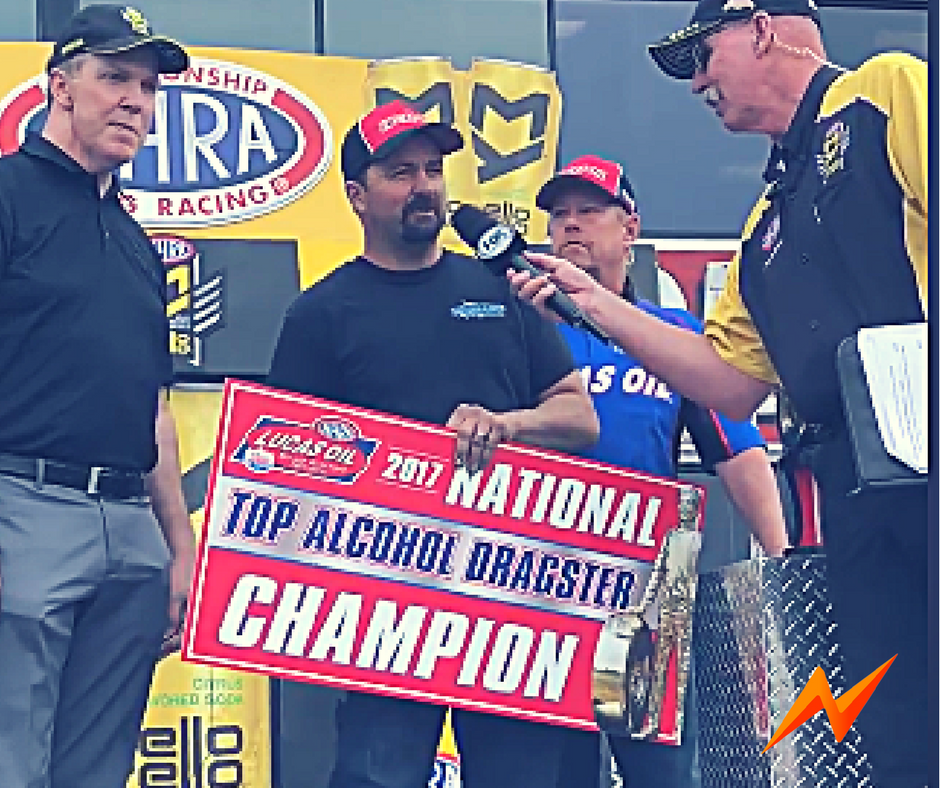 NoonanRaceEng's tweet photo. 3 time #NHRA world champion Joey Severance collecting his 2017 title on the Podium.  What will 2018 bring for the Severance Racing Team? https://t.co/DizAqflBO5