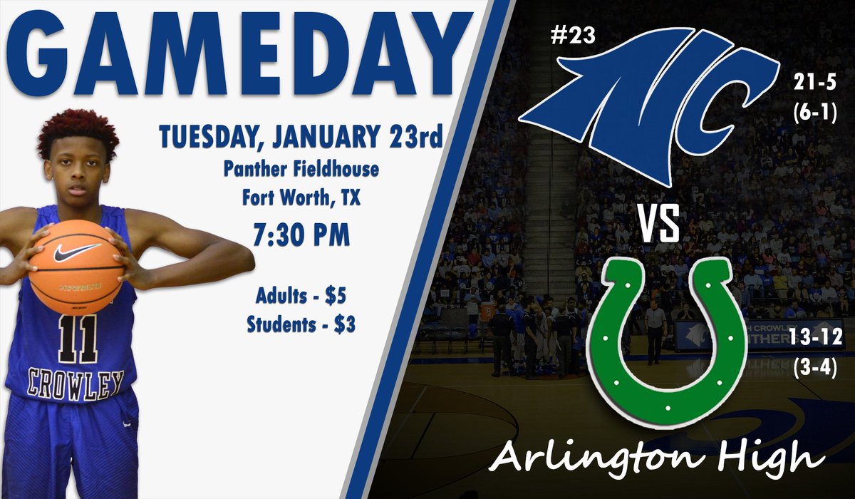 ***Game Day***
#23 <a href="/NCBasketball/">NC Men's Basketball</a> 21-5 (6-1) vs  <a href="/AHSColtBball/">AHS Colt Basketball</a> 13-12 (2-3) tonight <a href="/NorthCrowleyHS/">North Crowley HS</a>  JV at 6:00 in Gym 2 w/ the Vars. at approx. 7:30PM in Panther Fieldhouse.  The Panthers are 197-13 all-time at home...  THANK YOU <a href="/NCBlueCrew/">NC Blue Crew</a> !!