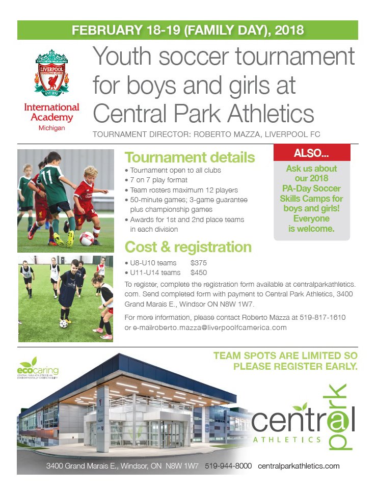 Are you the parent of a young soccer player who might be looking for some fun on our next PA Days? Central Park Athletics will host a number of skills development camps as well as a fun tournament on Family Day.