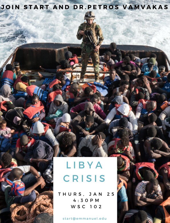 ecstartprogram's tweet photo. On Thursday the 25th, START and Dr. Vamvakas will present a discussion on the Libya Crisis in WSC 102 at 4:30pm. #LetsSTARTtogether https://t.co/ZJcw05JARH