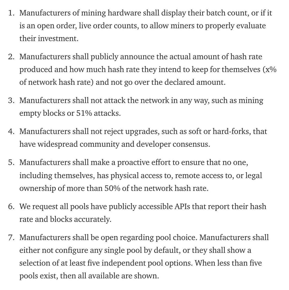 SkynetLabs's tweet photo. The community members are suggesting 7 guidelines that all mining hardware manufacturers on the Sia network must uphold https://t.co/ppAgAuWMit