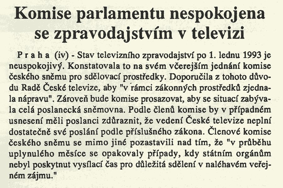 Znovu89's tweet photo. Česká televize podle poslanců neplní dostatečně své poslání. Sněmovní komise se pozastavila nad tím, že @CzechTV neposkytla státním orgánům vysílací čas pro důležitá sdělení v naléhavém veřejném zájmu. #mfd93 (23.01.1993) https://t.co/VV7QyhgAQm