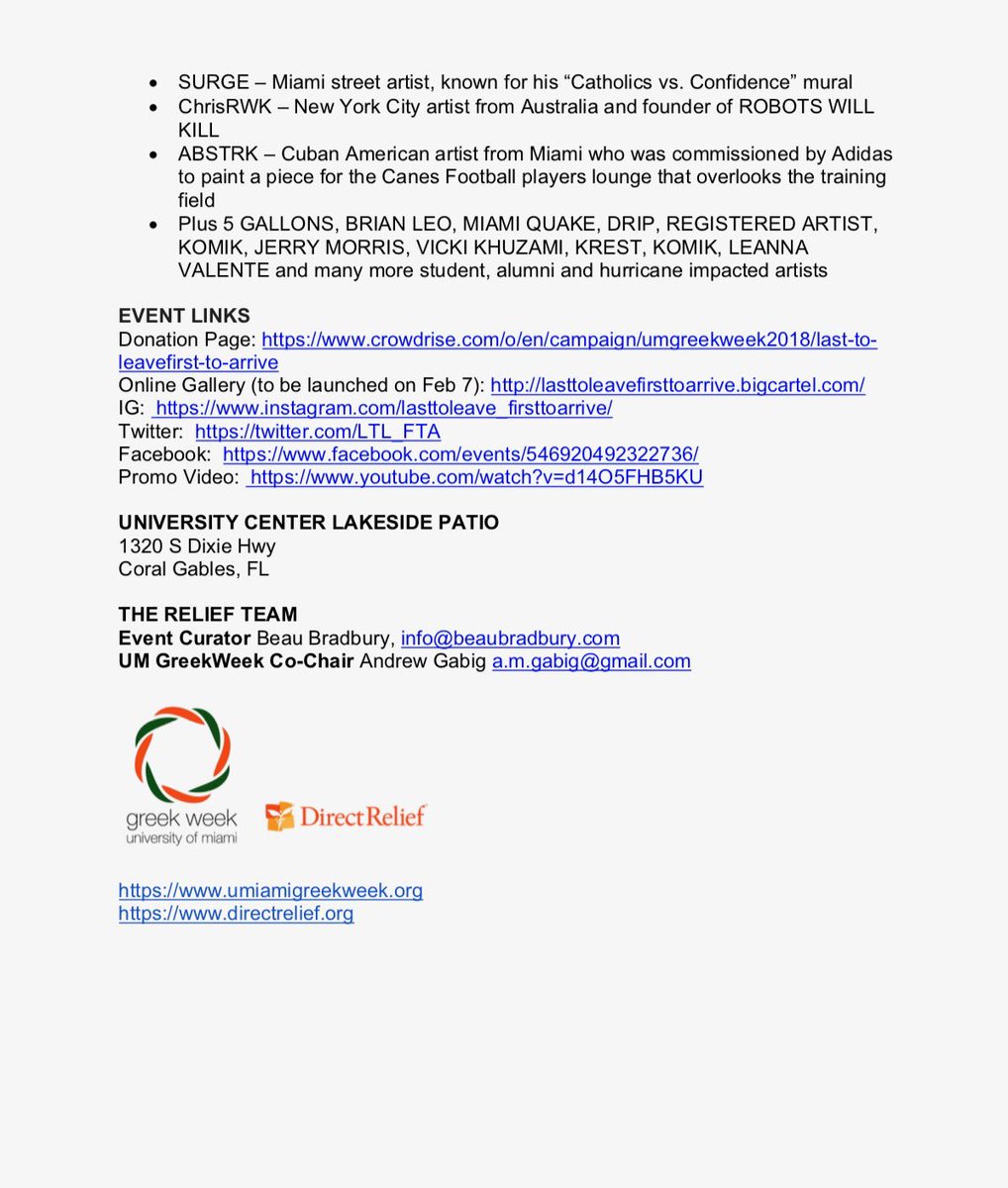 LTL_FTA's tweet photo. Press Release: Charity Art Show for Puerto Rico Relief via @DirectRelief at @univmiami #pressrelease #universityofmiami #miamievent #canesfam #lasttoleavefirsttoarrive #puertoricorelief #ibisart #sebastiantheibis @BillyCorben @MiamiNewTimes @ChristyChirinos @Sentinel_Sports https://t.co/hYUOQIftYM