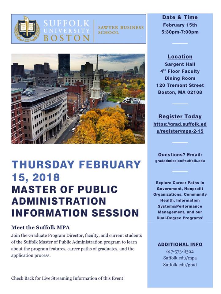 SuffolkIPS's tweet photo. Do you know anyone who may be interested? Help us spread the word! Suffolk University is having an MPA Information Session on February 15th.  Register here: https://t.co/n3CFI6kT66 #MPA #Suffolk #Information #ComingSoon https://t.co/A7jqpSbNfP