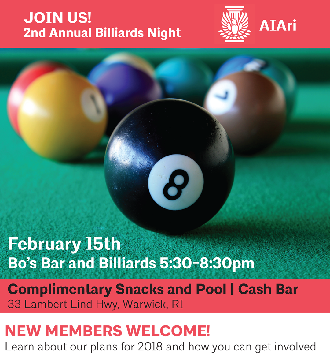 Come hang out with your fellow architects and other industry professionals during our 2nd Annual Billiards Night! Complimentary Snacks and Pool. What's not to like?! Register today!