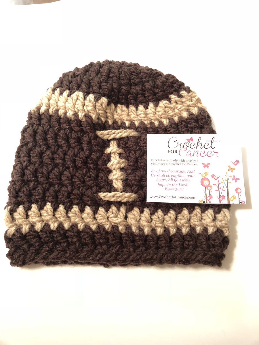 LiftingHard's tweet photo. First football beanie attempt. Will be making more and better! @CrochetforCure #crochet #crochetforcancer https://t.co/ODr7wBsZnU