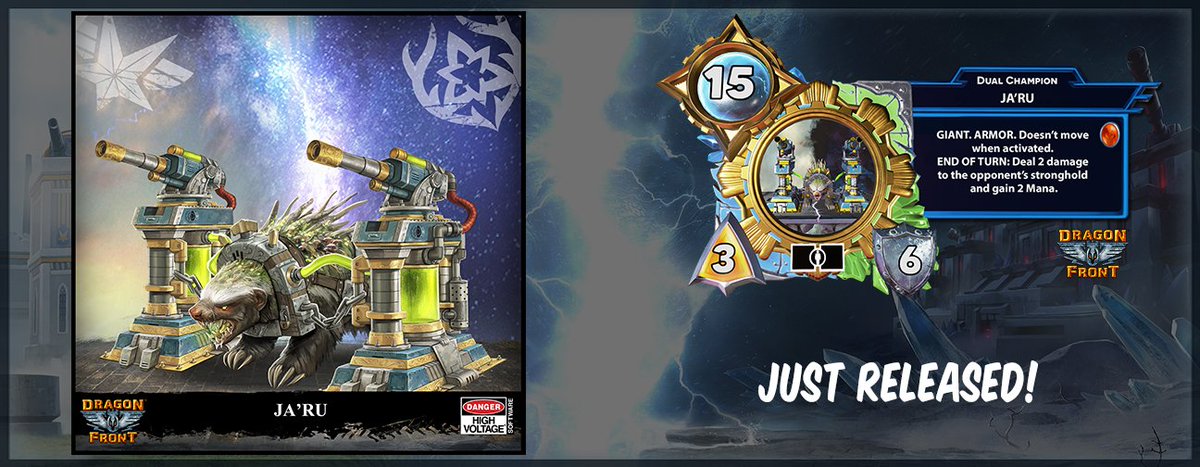 HVSGames's tweet photo. *NEW Dual Faction Champ Realeased!* JA'RU-- Scales & Thorns -- "GIANT. ARMOR. Doesnt move when activated. END OF TURN: Deal 2 damage to the opponents stronghold and gain 2 Mana." #ccg #tcg #Pcgames #vrgames #DragonFront #UE4 #Gameroom #Oculus https://t.co/0sqzv9CY5T