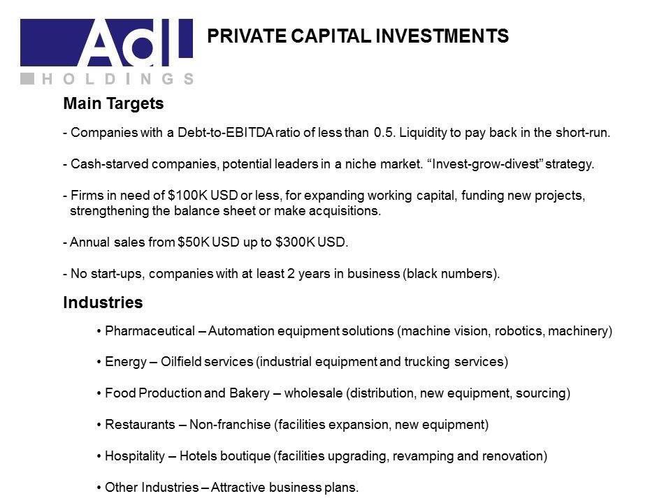 AdLHoldings's tweet photo. We are accepting Business Plans & Pitches. Send your inquiries to: ejimenez@adlholdings.com
#AdLHoldings #PrivateEquity #VentureCapital #Financing #Investment #Investing #Funding #GrowthCapital #PrivCap #SmallBusiness #CashFlow #TexasBusiness #Puebla #Inversion #CapitalPrivado https://t.co/hFaiDUwojG
