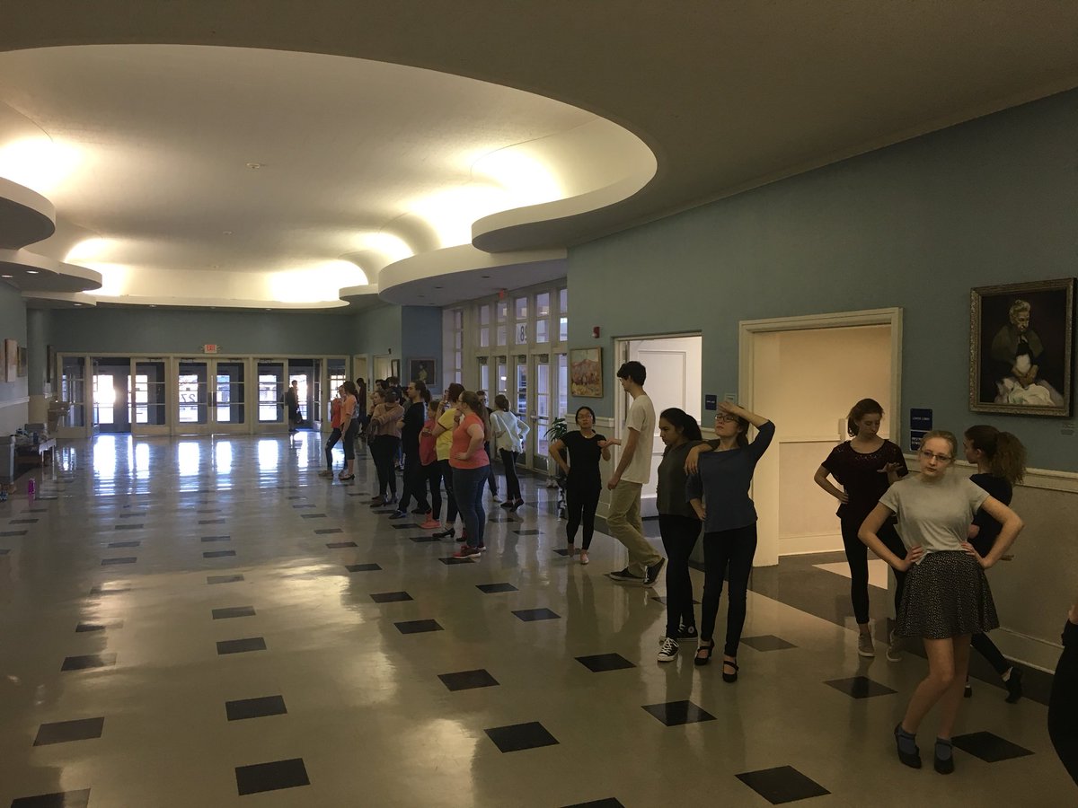 The cast of COPACABANA took to the lobby to rehearse the opening and closing so that lighting and scenic work could be done on stage. #theatrestudentsROCK #dedication #fullsteAmahead @etomharris3 <a href="/ecghighschool/">E.C. Glass H.S.</a>