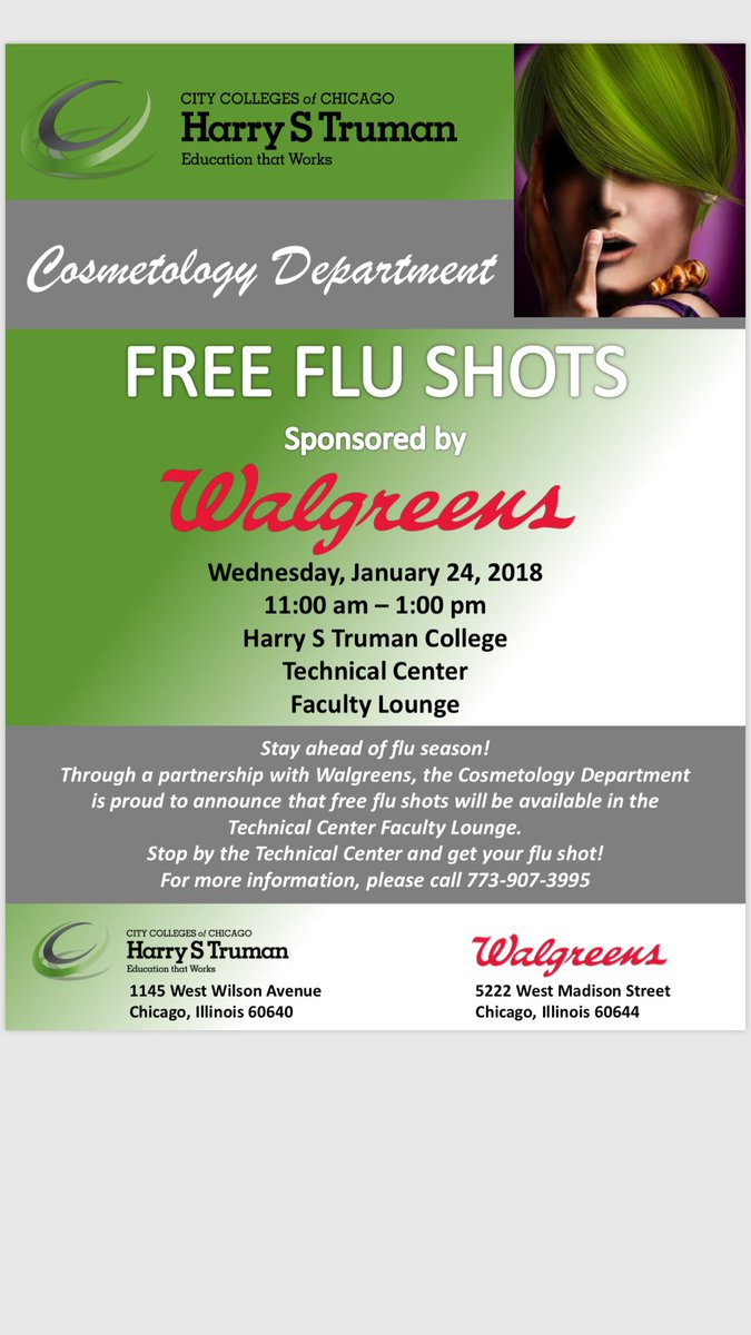 Kisalan1's tweet photo. Free Flu shots tomorrow @ Truman College sponsored by the Cosmetology department and Walgreens.  @trpresdrj will be on hand to welcome you all. https://t.co/b8V4nsReig