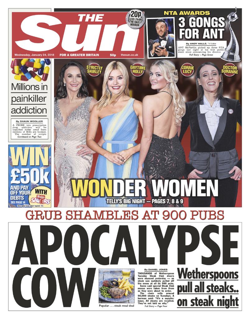 TheSun's tweet image. Tomorrow's front page: Thousands of Wetherspoon customers stunned after steak is suddenly pulled from all 900 pubs thesun.co.uk/news/5410709/w…