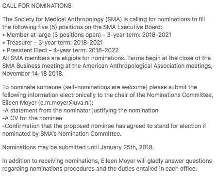 Friendly reminder: there's still time to self-nominate or nominate someone else for SMA Executive Board positions. Deadline is this Thursday, January 25. <a href="/AmericanAnthro/">American Anthropological Association</a> <a href="/somatosphere/">Somatosphere</a> <a href="/MedAnthroTheory/">Med Anthro Theory</a> <a href="/MedAnthStudent/">MedAnthroStudAssoc</a> <a href="/PsychAnth/">Psych Anth</a> <a href="/savageminds/">Anthrodendum/S.Minds</a>