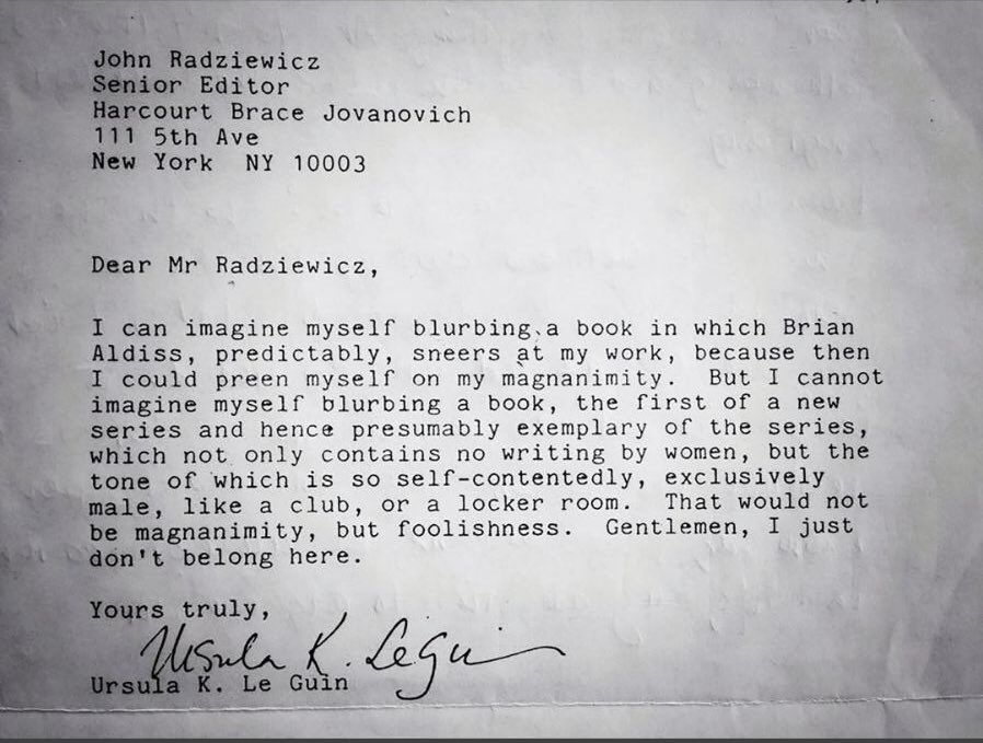 Letter signed from Ursula in which she states that she cannot write a blurb for a book which contains only writing by men.