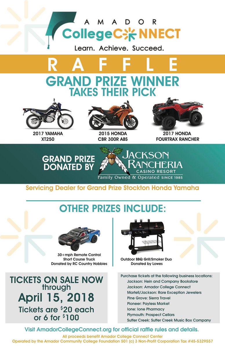 AmadorLearning's tweet image. Support college access in the Foothills. Raffle $20 per ticket. Drawing in April. 
Amador College Connect. Grand prize donated by @JacksonCasino ow.ly/REhE30hXraU