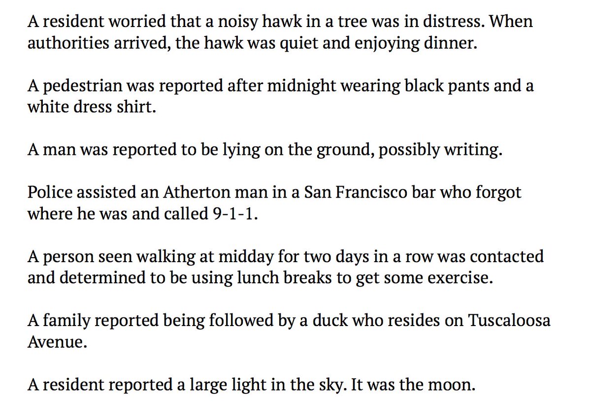 Atherton, an especially posh suburb in Silicon Valley, has the most entertaining police blotter mercurynews.com/2011/08/27/the…

Some of my favorite items: