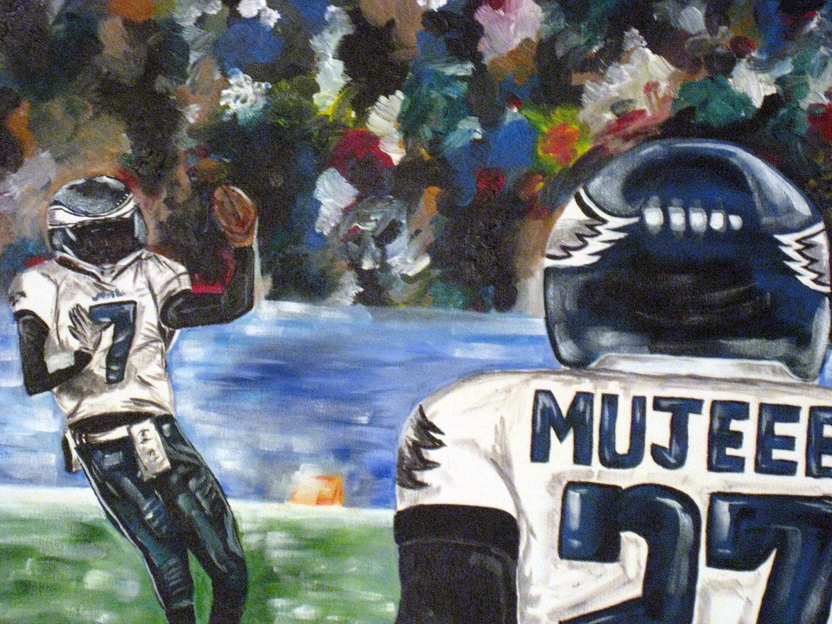 StylishCr8tions's tweet photo. One of my first commissioned sports painting for a fan, who wanted to catch a pass from his fave QB.  Totally forgot about it, but good timing!!! #goeagles #PhiladelphiaEagles #SuperBowlLII https://t.co/Pkki248wt6