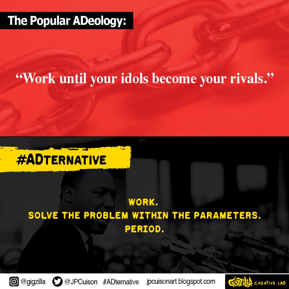 JPCuison's tweet photo. Yes you can be “competitive”, but remember...there’s an #ADternative - “objective”
.
#advertising #advertisinglife #adman #madman #creativity #creative #creativeideology #design #designer #graphicdesign #purpose #value #meaning #worth #motivation https://t.co/4E0ZoZ5CYj