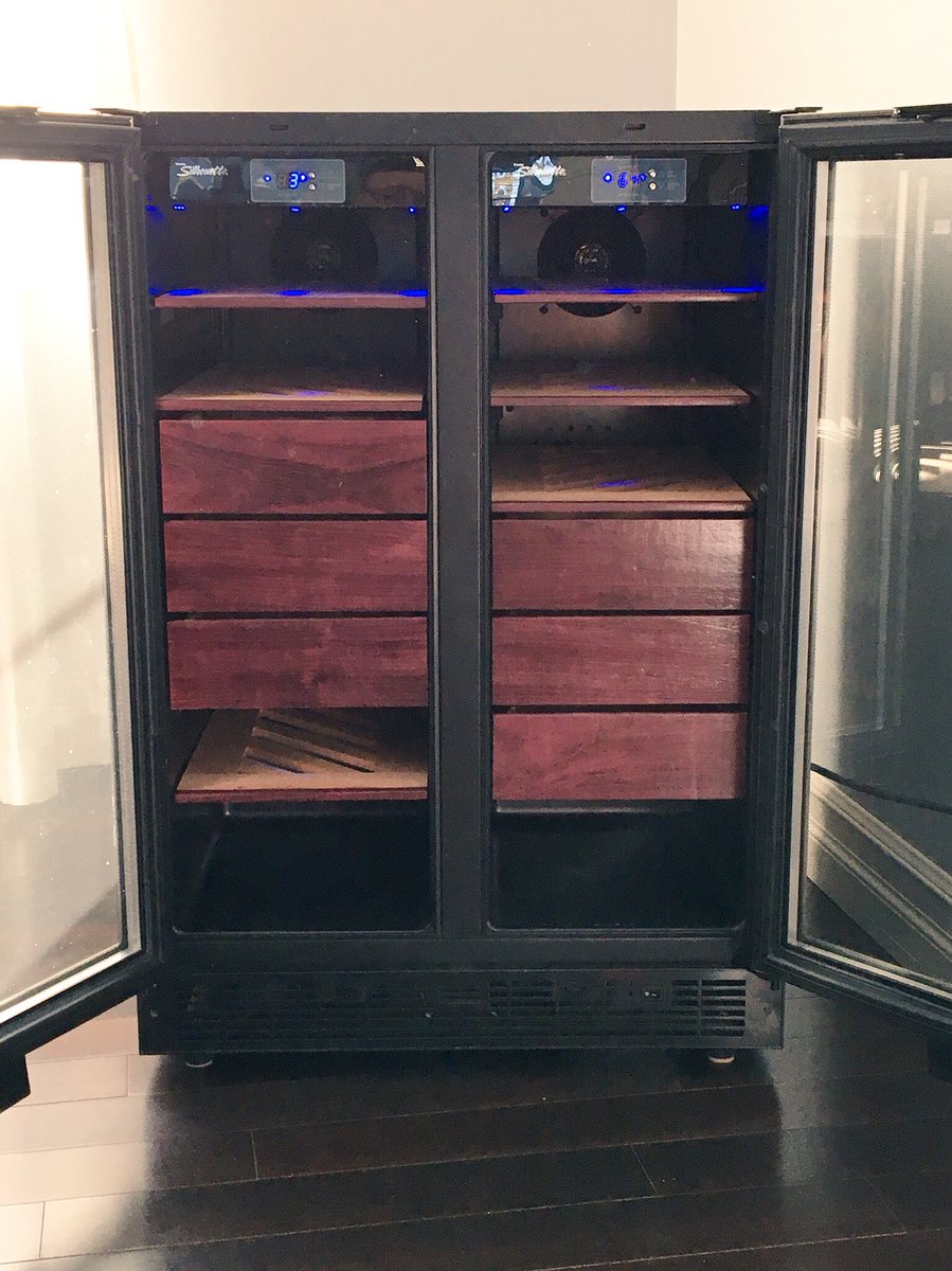 cigardetective's tweet photo. Setting up the wineador with custom shelves and drawers from @wineadorscom #spanishcedar #purpleheartwood #beautifulcraftsmanship Thank you, Forrest‼️ Now it’s time to season them‼️ @RodZdebiak @JeffBOTL @ValBradshaw @sigurdson_chris @Mike_W_Simpson @BoneMaCracken @Mack280 https://t.co/icK1Gj9QHq