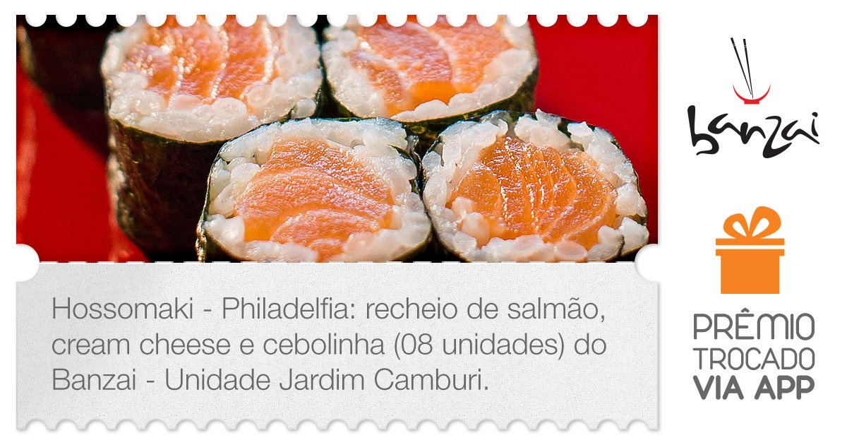 AlineAlcure's tweet photo. Check-in troca de Prêmio no @Multifidelidade. Hossomaki Philadelfia do Banzai - Unidade... https://t.co/kP1W5s156A https://t.co/g6xuXVdrqv