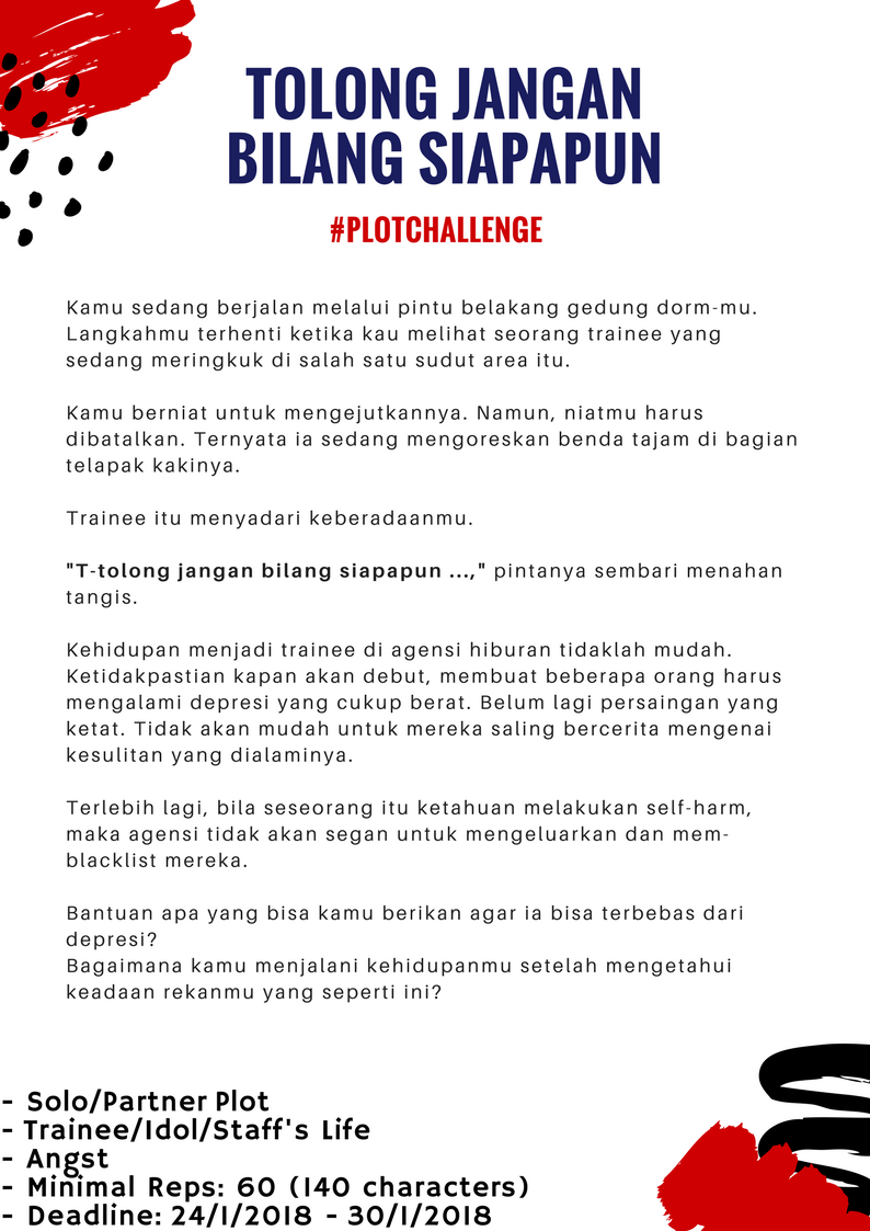 ANEntRP's tweet photo. #PLOTCHALLENGE #ANPC
- Solo/Partner Plot
- Trainee/Idol/Staff's Life
- Slice of Life, Angst
- Minimal Reps: 60 (140 characters)
- Deadline: 24/1/2018 - 30/1/2018 https://t.co/3vKyJb7hrU