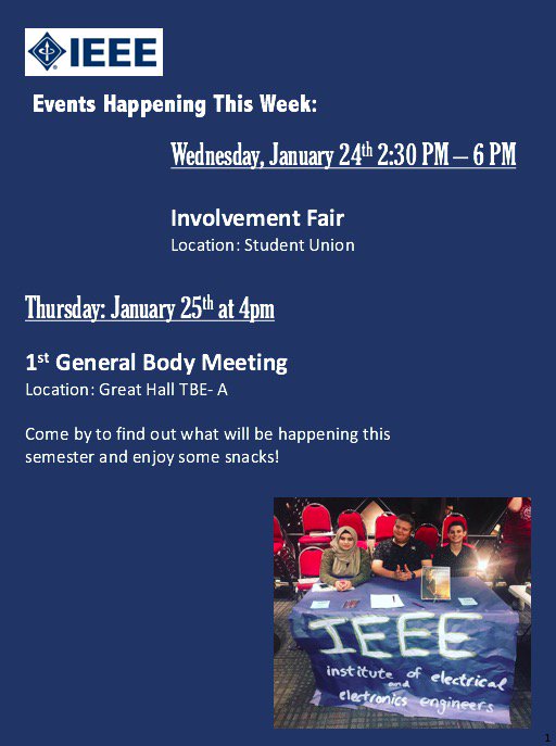 Wondering what your favorite engineering organization is doing this week? Look no further! Come and stop by and see us tomorrow in the Student Union from 9:30am to 2:30pm. Then again on Thursday at 4pm we will be having our fist general body meeting in the Great Hall!