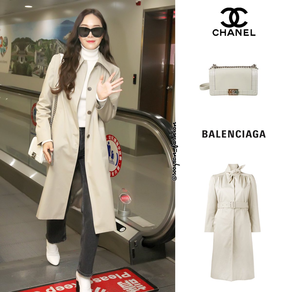 X 上的jsy fashion：「180123 Jessica Jung @ Taiwan Airport CHANEL: Boy Bag  (White), $3,000 BALENCIAGA: Scarf Trench, $  cr:  Findk找同款📸 :   / X