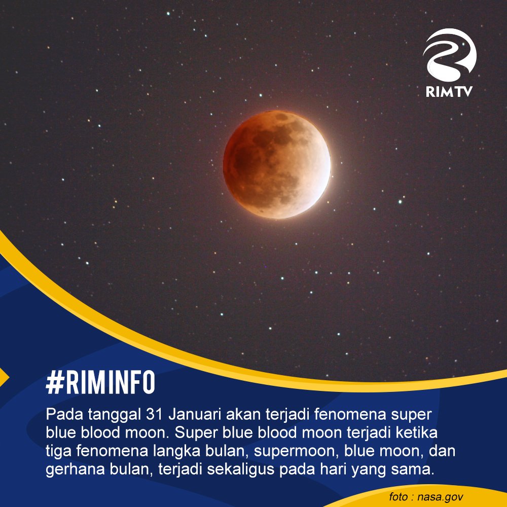 D'RIMers, tanggal 31 Januari nanti orang Indonesia bisa menyaksikan salah satu fenomena alam yang jarang banget terjadi yaitu Super Blue Blood Moon, fenomena ini hanya terjadi setiap 150 tahun sekali!

#RIMBeritahu #RIMInfo #info #wowfakta #funfact #fakta