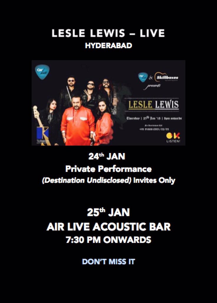 LesleLewis's tweet photo. Get Ready #Hyderabad .. 2Nights Back To Back !! Along with my AllStarBand .. As always, Excited to Perform Live!! .. 2 Nights of Music & Biriyani π±!! .. Looking forward .. Rock & Roll !! π @shure @shuremea @SunInfonetAudio #LesleLewisLive #ConnectWithTheFans https://t.co/QpNrlDwVtw