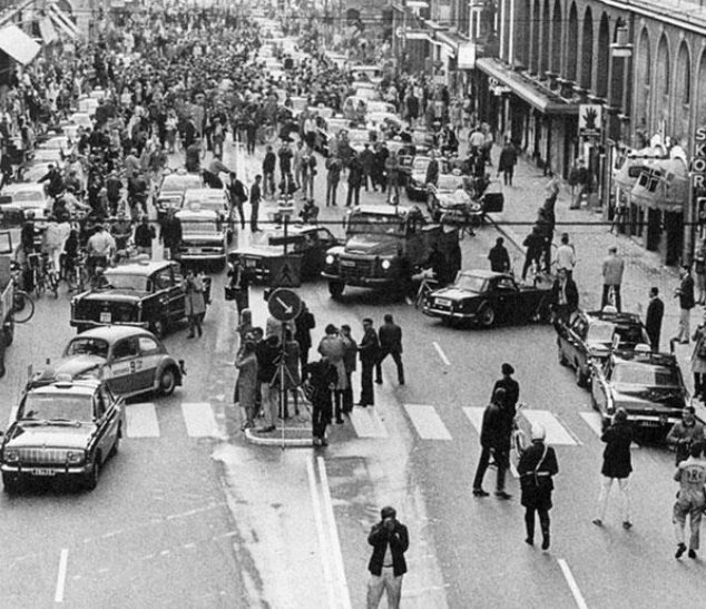 37. First morning after Sweden changed from driving on the left side to driving on the right, in 1967.