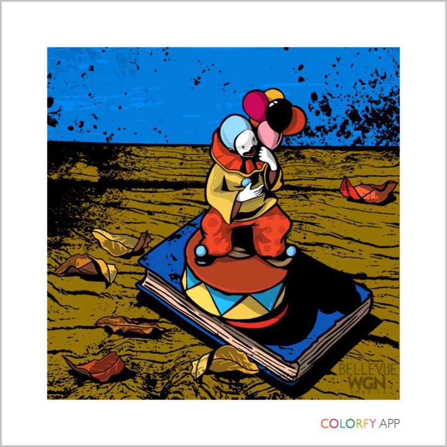 searrahead's tweet photo. Having a blast watching the #BellevueWGNA premiere and coloring the creepy clown #colorfy #watchandwine #wineandwork https://t.co/T3VBL4g6ep