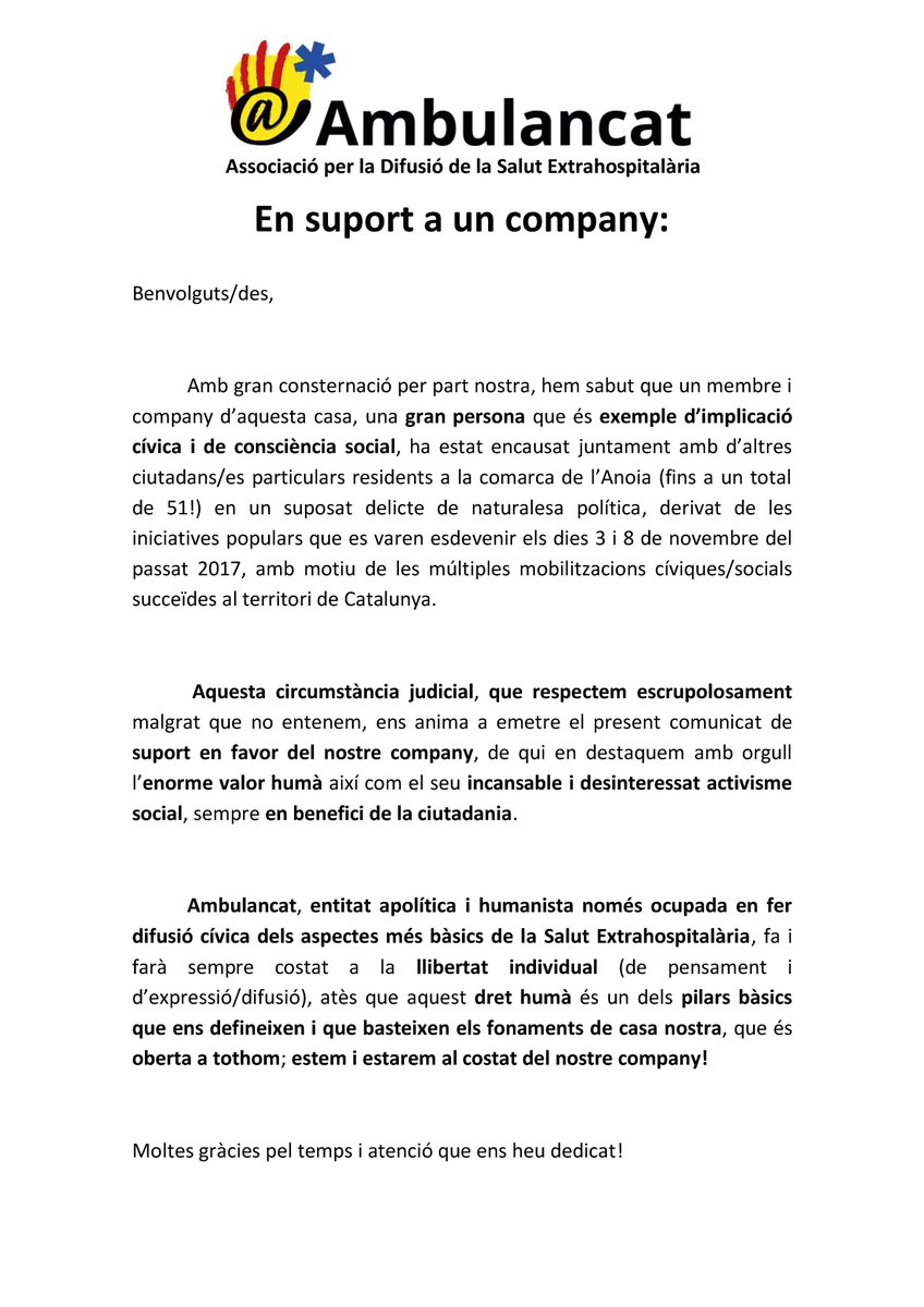 ambulancat's tweet photo. Comunicat en suport a un company d'@ambulancat https://t.co/9BopyK2nQI