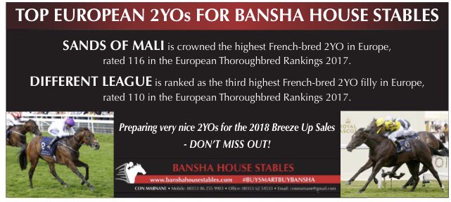 bloodstocknews's tweet photo. Graduates of @BanshaHouse are amongst the highest rated 2YOs of 2017 - SANDS OF MALI is crowned the highest rated French-bred 2YO in Europe and DIFFERENT LEAUGE is ranked as the third highest French-bred 2YO filly in Europe #readallaboutit https://t.co/rSnXs5czJb