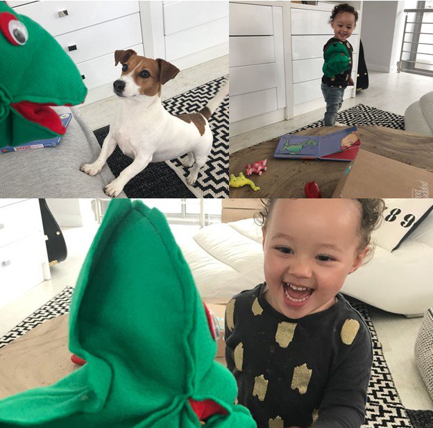 Lisa says: "Gosh, these pics make me laugh! Bella (&amp; Harley) couldn't get enough of <a href="/PoppetPost/">Poppet Post</a>'s items - much intrigue with the dinosaur puppet! It's such a cute gift idea as well - surprise little ones with fun, educational spoils tailored to their age."
#ProgressThroughPlay