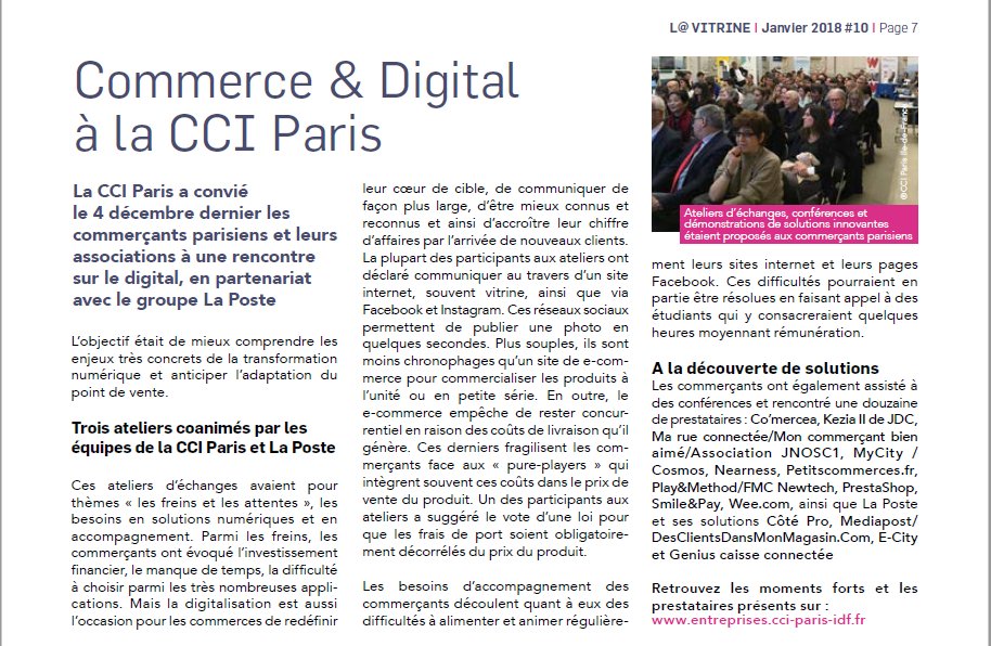 PetitsComs's tweet photo. [Presse] Dans la dernière édition de #LaVitrine, retour sur l'événement "Commerces &amp; Digital" organisé en décembre à la @CCI_75 ! Nous étions présents pour présenter nos solutions aux commerçants parisiens 🙂👌#commerce #digital #TransfoNum https://t.co/n0Z8gs1VTa