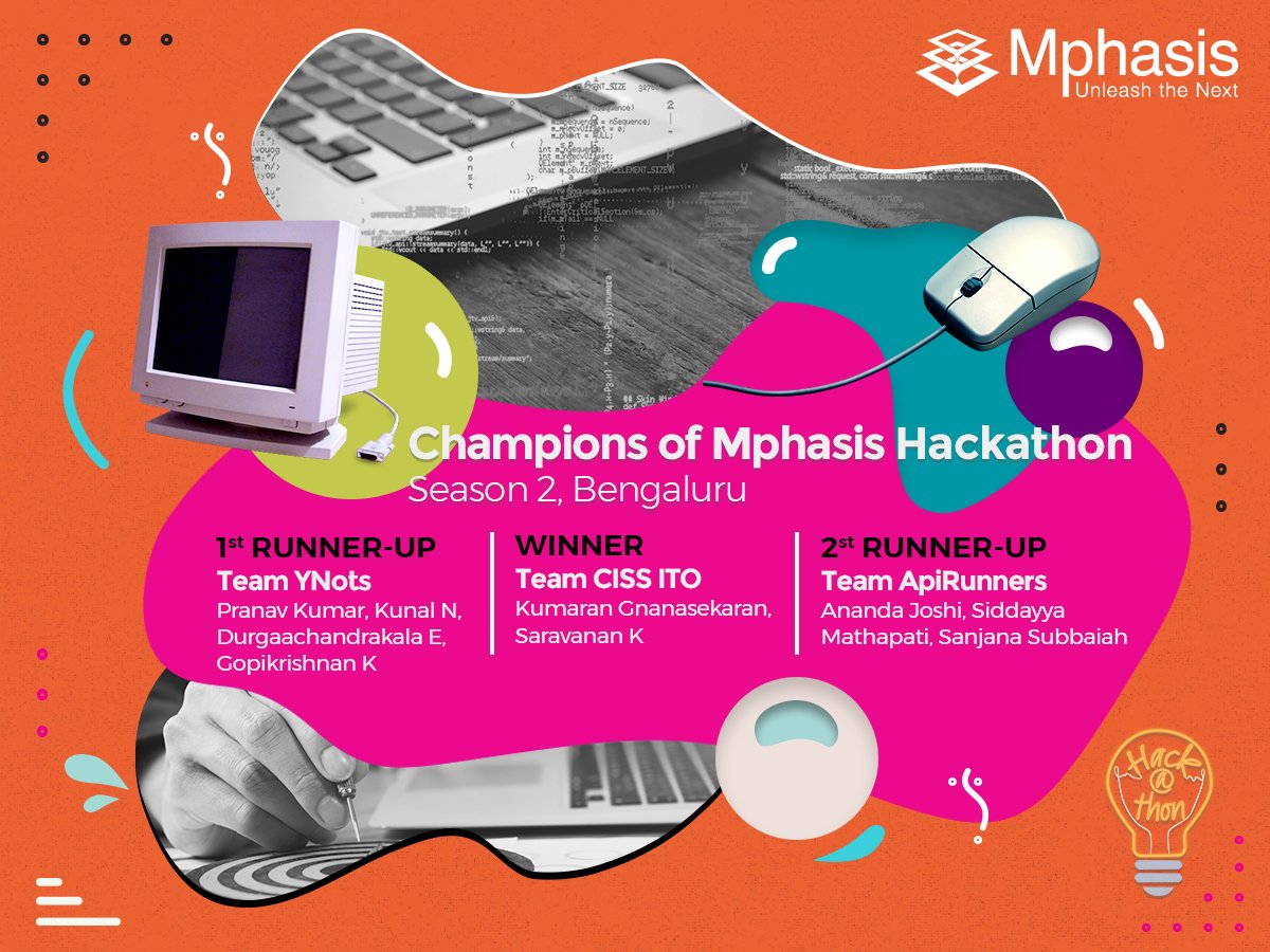 LifeatMphasis's tweet photo. Hello Mphasis! We present to you the winners of #MphasisHackathon Bengaluru edition! The winning projects have been chosen based on the completeness of prototype, novelty and innovation quotient, and potential to take to production. Congratulations coders! It’s time to celebrate. https://t.co/eMYoiXDXBz