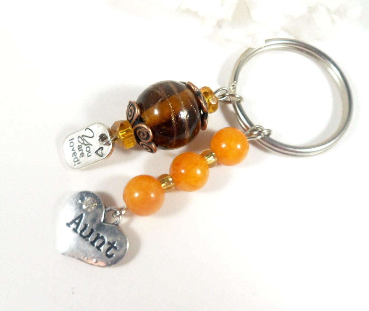You Are Loved Aunt Keychain, Aunt Charm Keychain, Orange Jade … tuppu.net/4da07146 #pottiteam #GemstoneKeychain