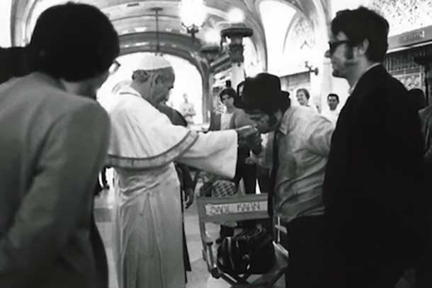Pope John Paul II visiting John Belushi and Dan Aykroyd on the set of The Blues Brothers.