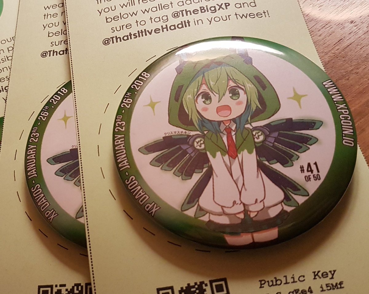 BitBenderBrink's tweet photo. What are these? Limited edition #XPchan pins to give out at #Davos2018? I think so! Brought to you by @TheBigXP and @xp_japan! https://t.co/mdAHO5nPDe