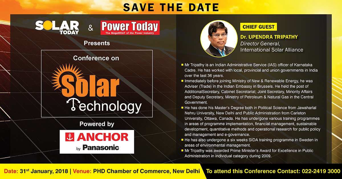 powertodayindia's tweet photo. Solar Today Magazine &amp; @powertodayindia presents Conference on ´Solar Technology´ | Powered by - @AnchorPanasonic. @upendratripathy  #InternationalSolarAlliance @IndiaSolarMarkt @SmartWordSmyth @SolarpowerIndia @SolarIndiaBlog https://t.co/jKOO8NclJz