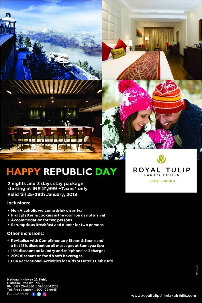 GoldenTulipInd's tweet photo. Celebrate this #RepublicDay at @RoyalTulipKufri with a 2 nights and 3 days package customized specially for you. #GoldenTulip #Hotels #Kufri #Shimla https://t.co/S6lIRcyrh1