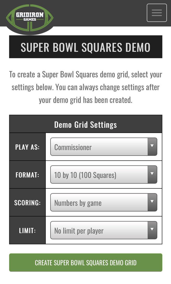 GGFootballPools's tweet image. Try our FREE #superbowlsquares demo before creating your #footballpool online.  Customize settings to fit your exact needs!

gridirongames.com/football-pools…