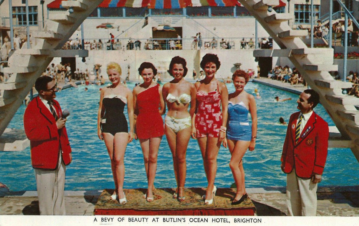 Is there anyone with perhaps a greater knowledge of the history of women’s swimming costumes able to roughly date this postcard of Butlin’s Ocean Hotel in Saltdean?