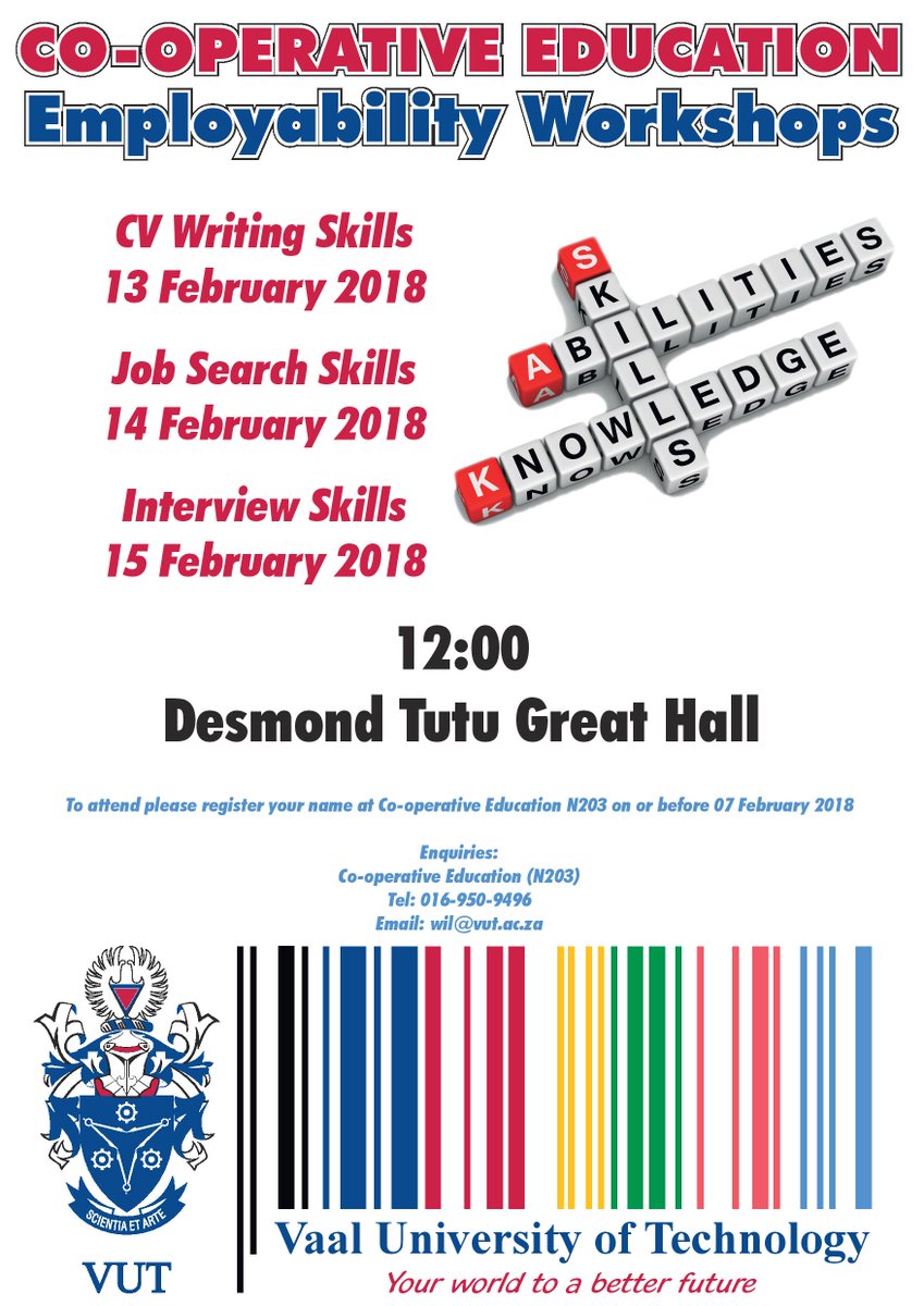 VUT_Cooperative's tweet photo. Good Morning guys.
We are hosting our annual Employability workshops in February. All details are on the poster below.

NB!!! Please register your names at Cooperative Education offices at VUT Block N203. https://t.co/HLPp0kkISJ