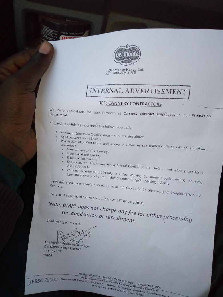 Del Monte Hiring, Qualification KCSE D+ Opportunities For Young Kenyans