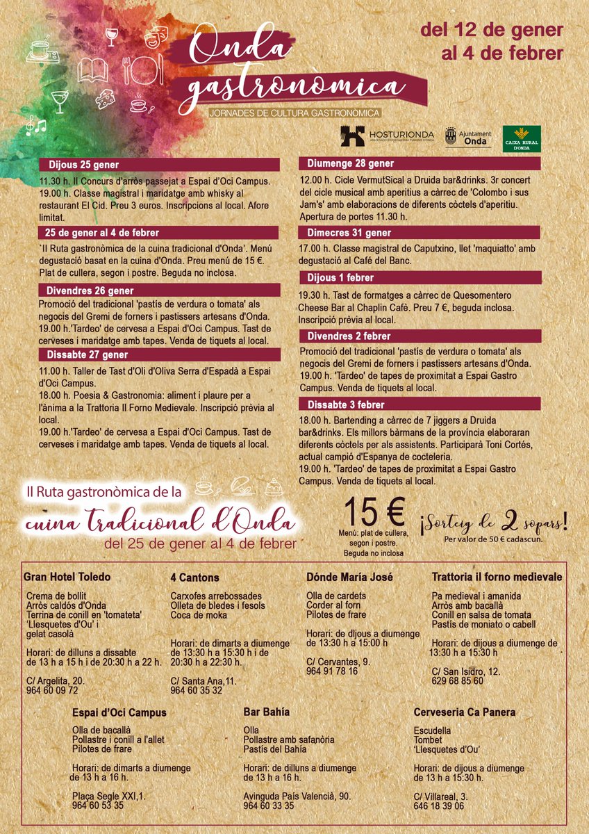 hosturionda's tweet photo. 🍲 'II Ruta gastronòmica de la cuina tradicional d’Onda'
Menú: 15€ (plato de cuchara, segundo y postre. Bebida no incluida)
Entrarás en el sorteo de 2 cenas por valor de 50€.
¡Y no te pierdas todos los eventos de Onda Gastronómica!
#ondagastronomica #cocinadeonda #Onda https://t.co/dOQP0x0HeX
