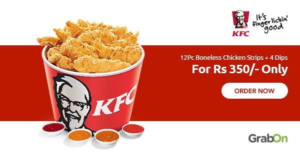 GrabOnIn's tweet photo. Todayโs #KFC Special! 12Pc Boneless Chicken Strips + 4 Dips For Only Rs 350. Order Now - https://t.co/939UoeQbXR #KFCWednesdayOffer #WednesdayWisdom https://t.co/0NCBSVe35R