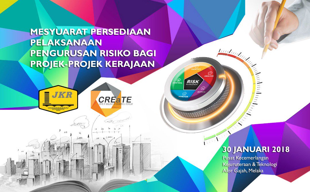 Mesyuarat Persediaan Pelaksanaan Pengurusan Risiko Bagi Projek-Projek Kerajaan akan diadakan pada 30 Januari 2018 bertempat di Dewan Utama Pusat Kecemerlangan Kejuruteraan &amp; Teknologi JKR  (CREaTE), Alor Gajah, Melaka. Info lanjut di jkr.gov.my/my/page/mesyua… <a href="/mdrahimk/">Md Rahim Khan</a>